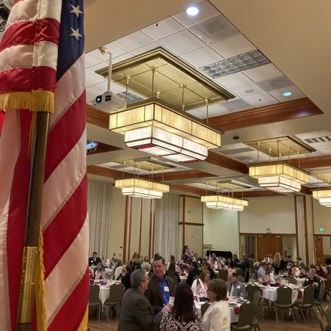 Overview of a large dining room filled with members and donors attending the Freedom Foundations award dinner
